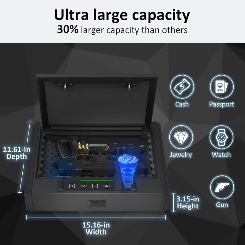 Patron [ 30% Larger capacity ]Gun Safe for Pistols, Biometric Handgun Safe box, Mounted Handgun Safe Quick Access Security Safe with Fingerprint Keypad Lock for Home nightstand - Image 3